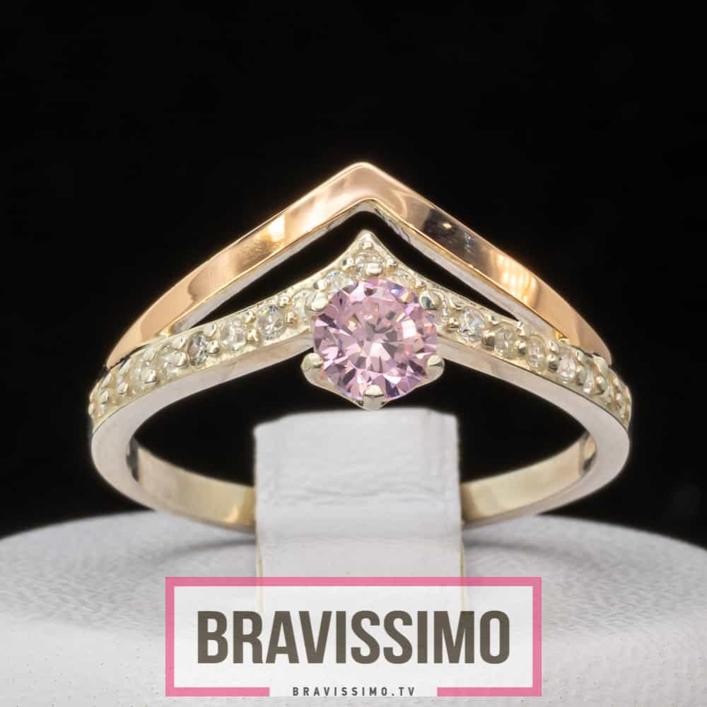 Серебряное кольцо с золотом, розовым топазом и фианитами