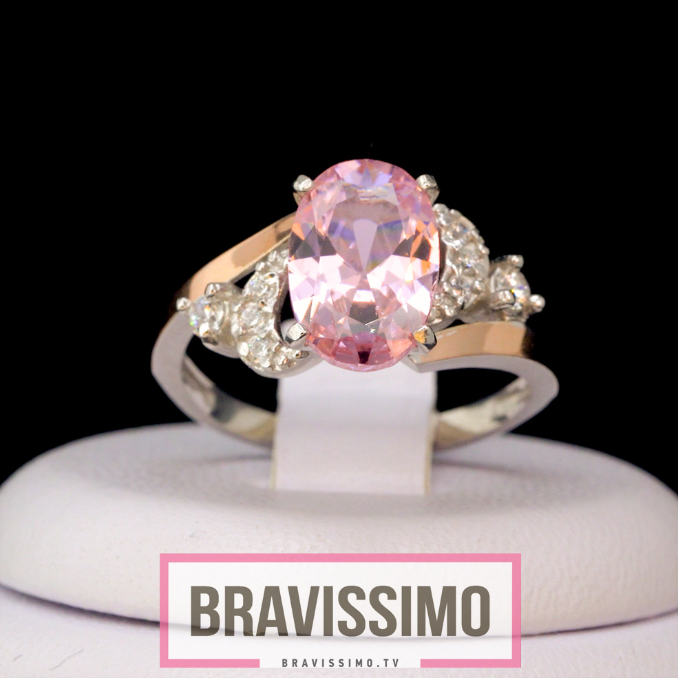 Серебряное кольцо с золотом, розовым топазом, бриллианитом и фианитами