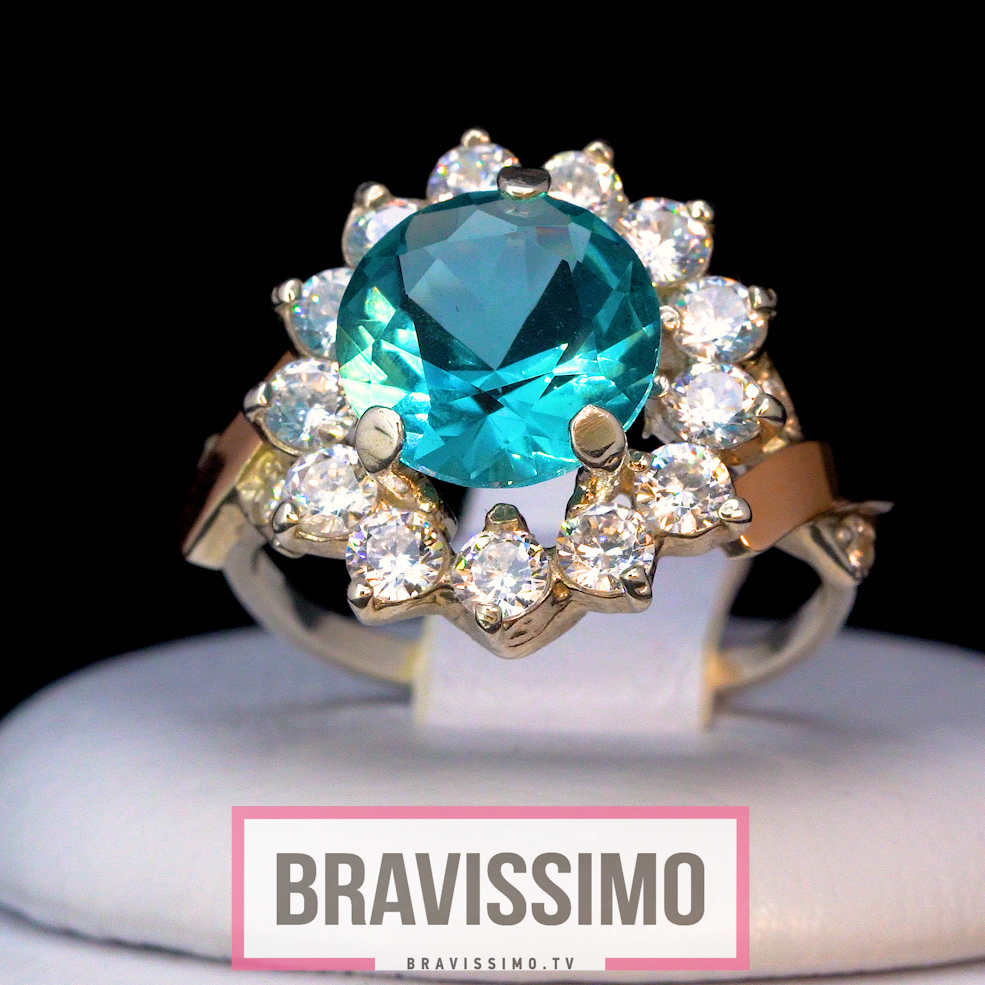Серебряное кольцо с золотом, топазом London blue, бриллианитами и фианитами