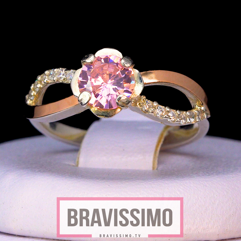 Серебряное кольцо с золотом, розовым топазом и фианитами