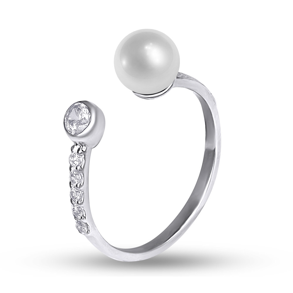 Серебряное кольцо с жемчугом, бриллианитом и фианитами