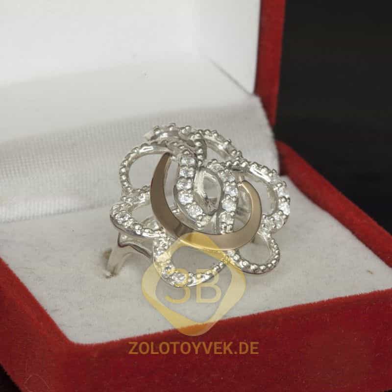 Серебряное кольцо со вставками  золота и фианитами,  покрытие родий