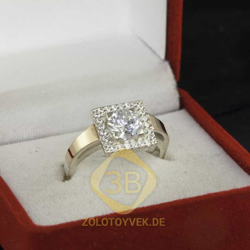 Серебряное кольцо со вставками  золота, бриллианитом и фианитами,  покрытие родий