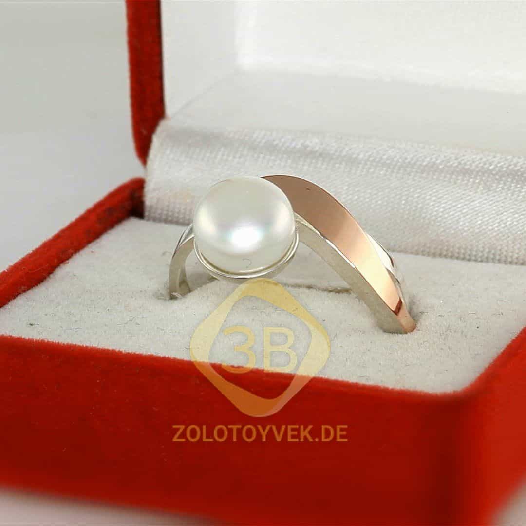 Серебряное кольцо со вставками золота, жемчугом, покрытие родий