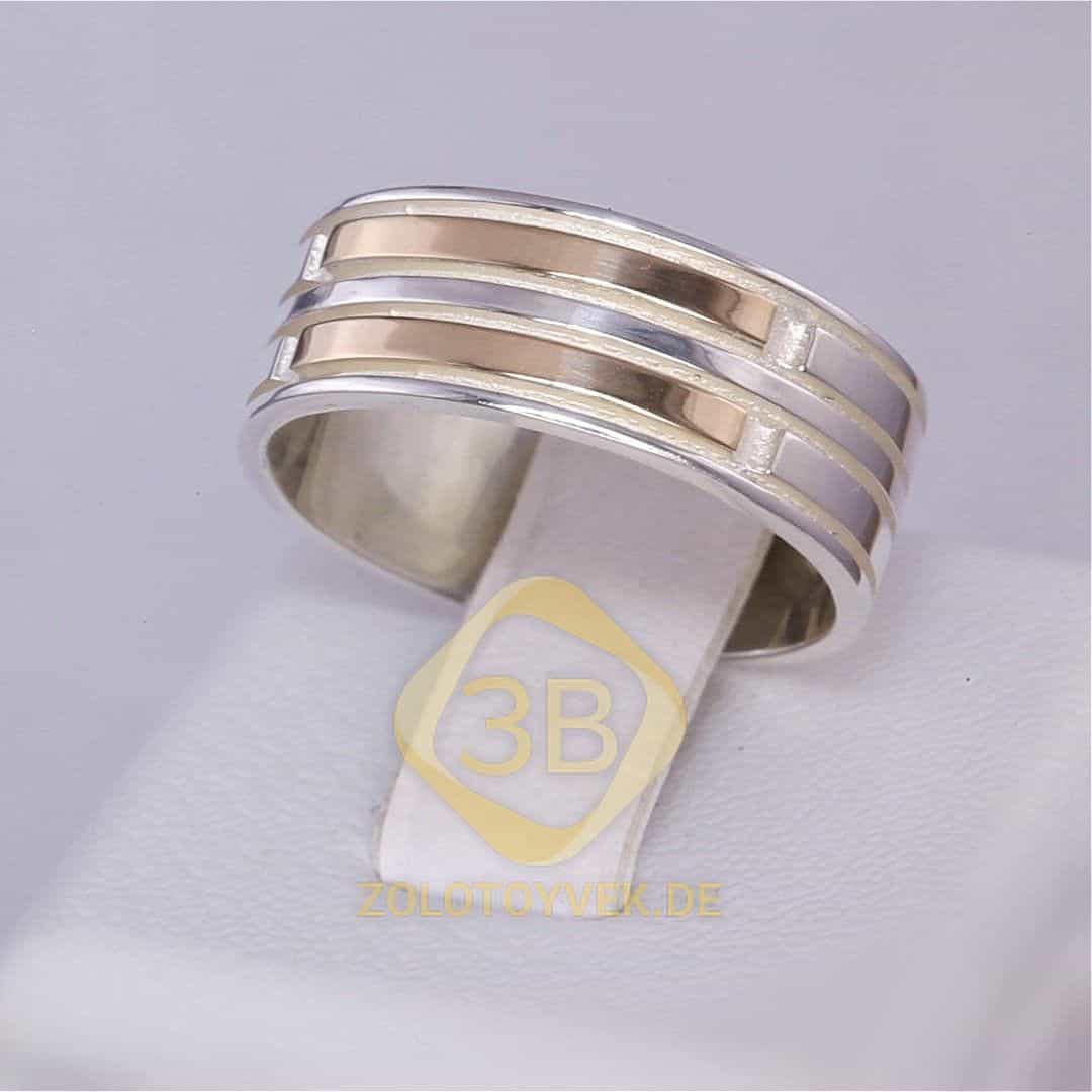 Серебряное кольцо со вставками золота, покрытие родий