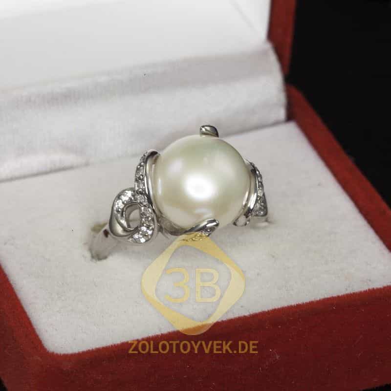 Серебряное кольцо с белым жемчугом «майорика» , покрытие родий