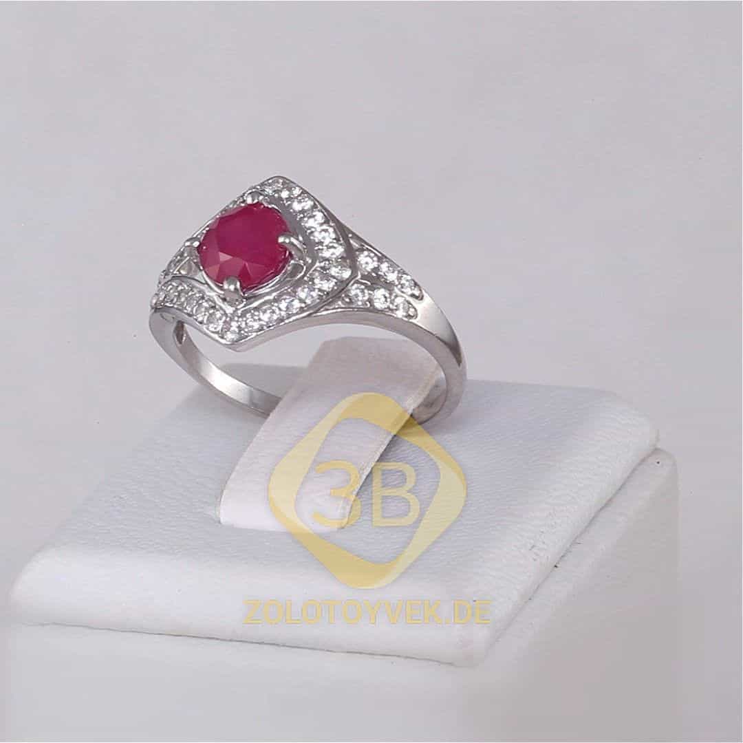 Серебряное кольцо с рубином и фианитами, покрытие родий