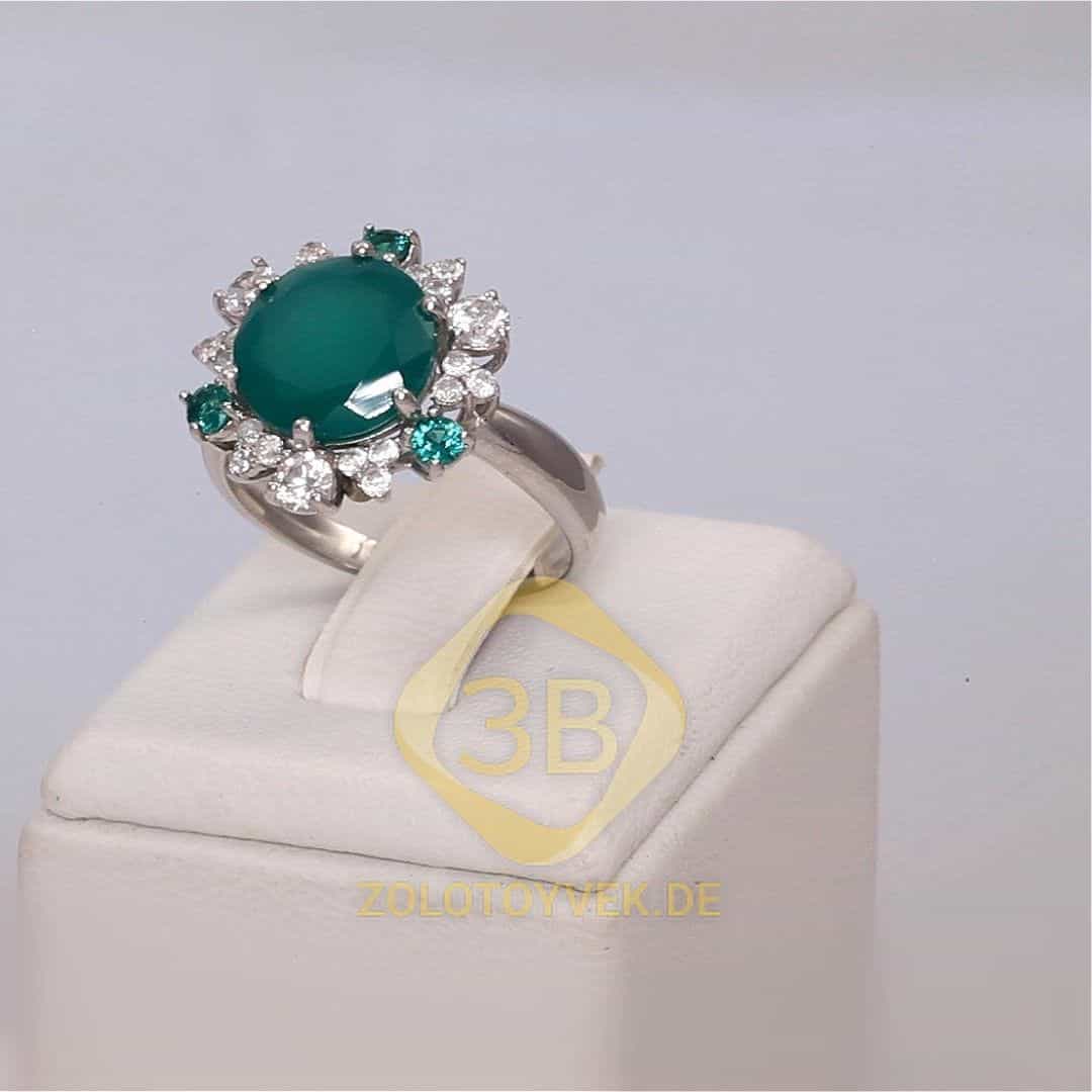 Серебряное кольцо с зеленым агатом и фианитами, покрытие родий