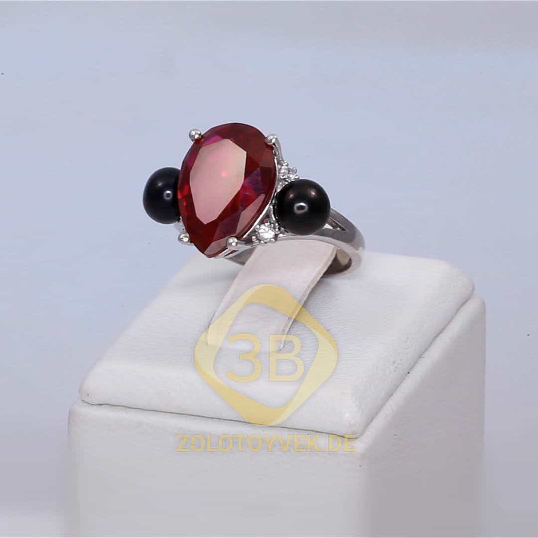 Серебряное кольцо с черным жемчугом и гидротермальным рубином, покрытие родий