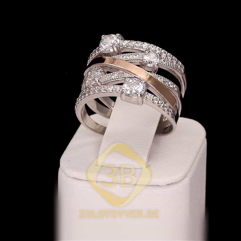 Серебряное кольцо со вставками золота, белым бриллианитом и фианитами, покрытие родий