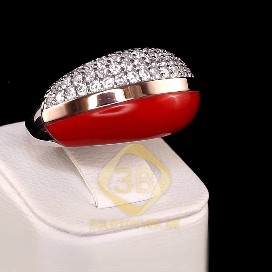 Серебряное кольцо со вставками золота, кораллом и фианитами, покрытие родий