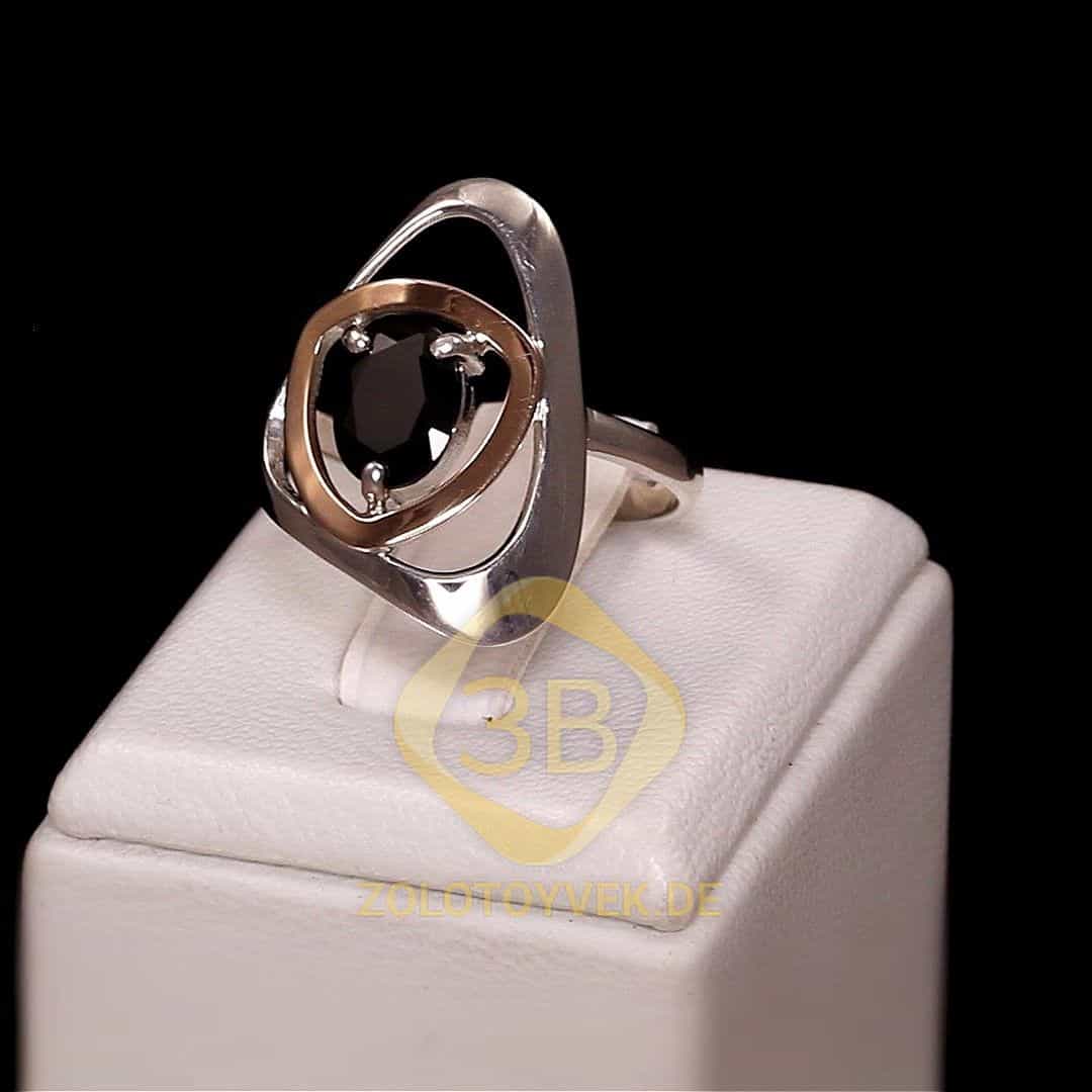 Серебряное кольцо со вставками золота и черным бриллианитом, покрытие родий
