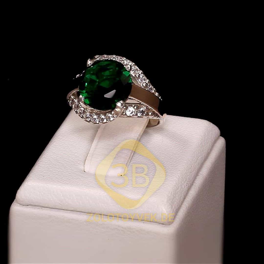 Серебряное кольцо со вставками золота, зеленым агатом и фианитами, покрытие родий