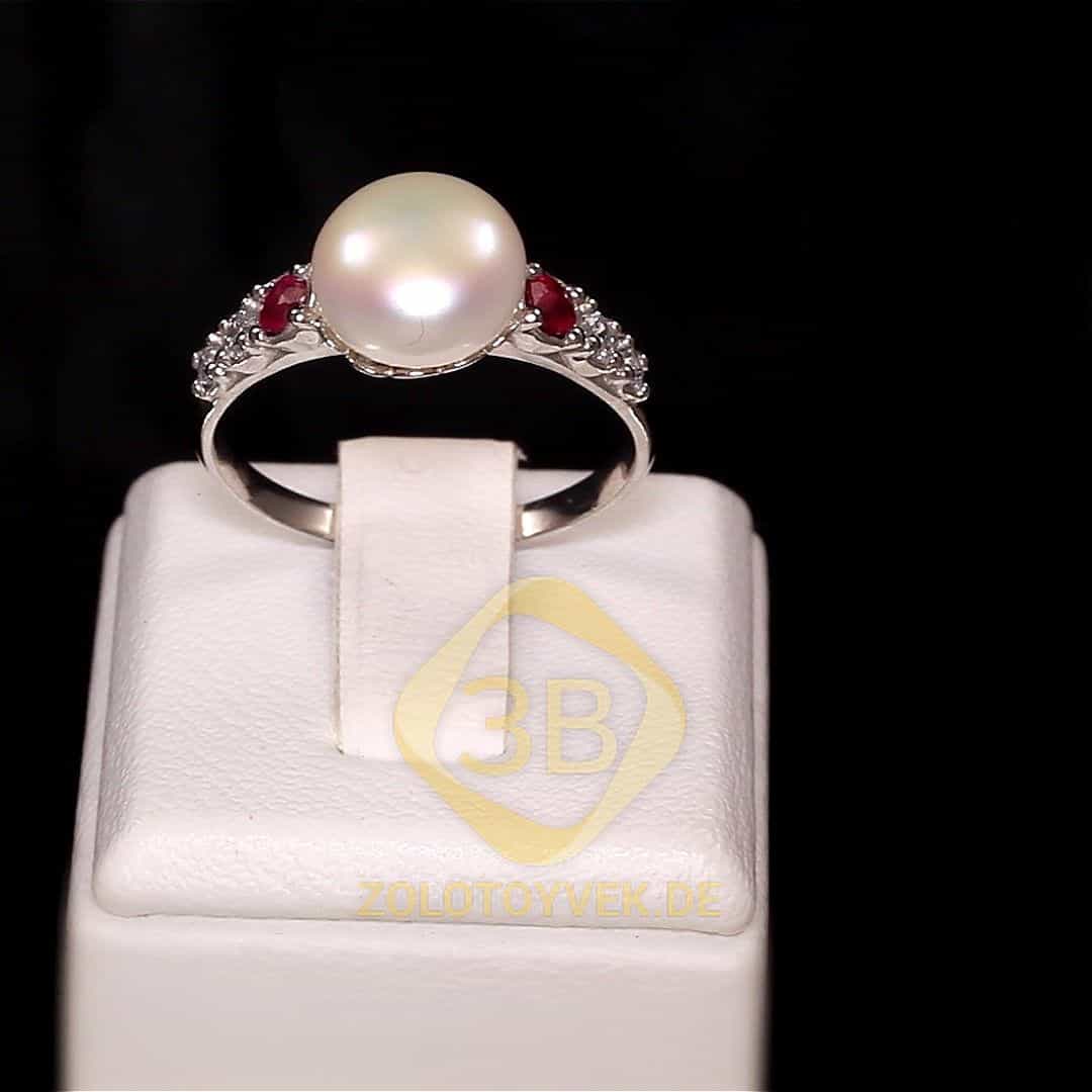 Серебряное кольцо с жемчугом и рубин, покрытие родий