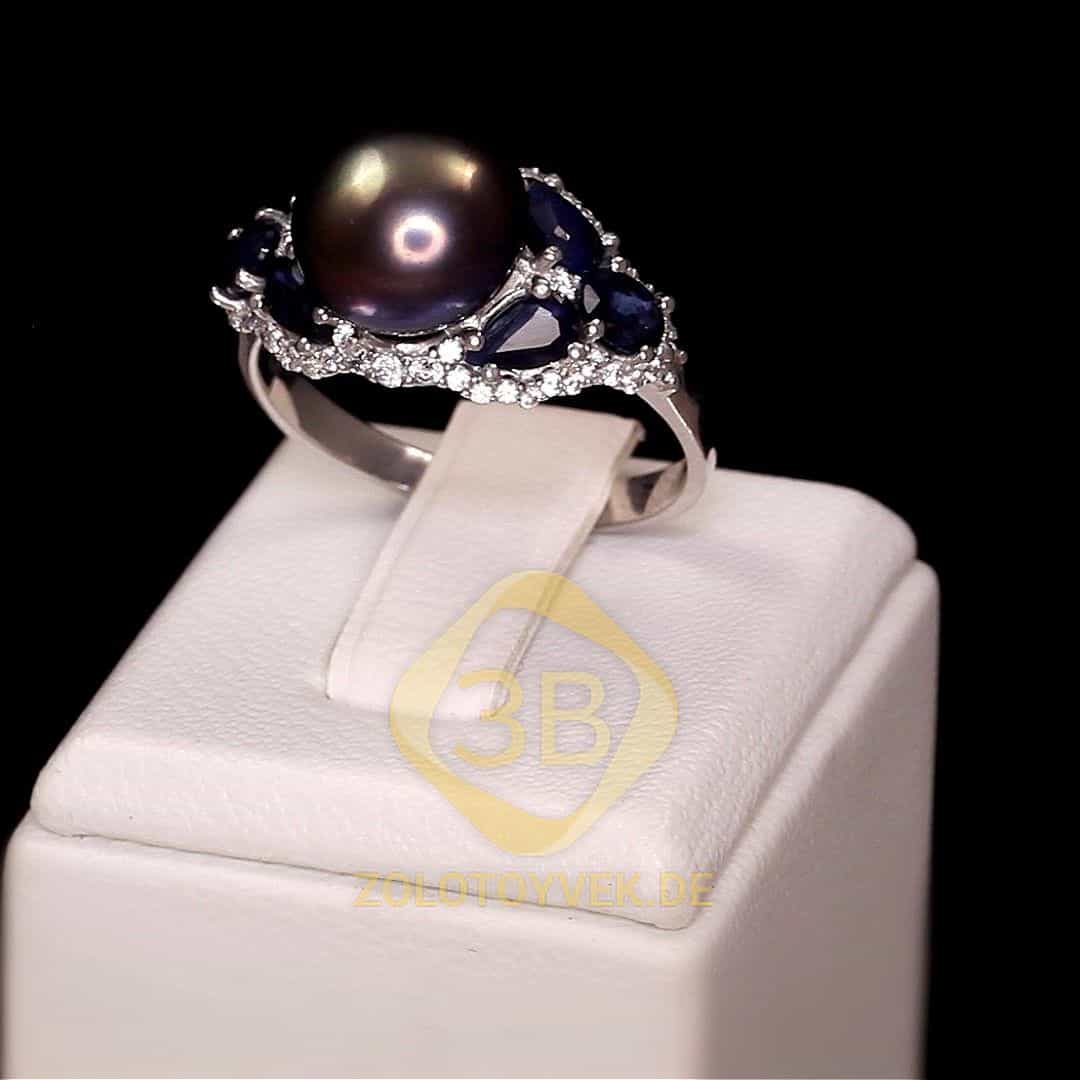 Серебряное кольцо с черным жемчугом и сапфиром, покрытие родий