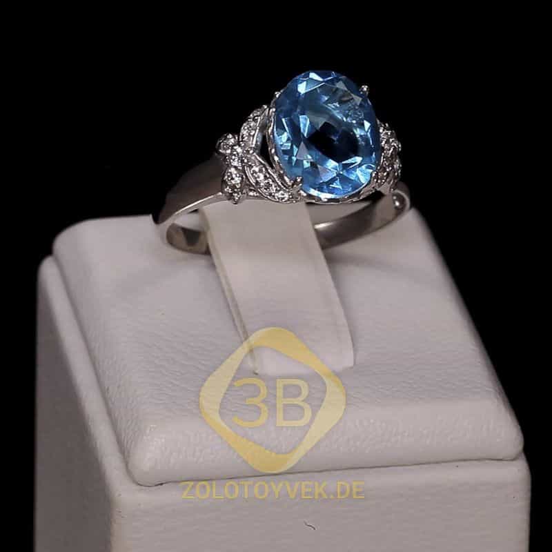 Серебряное кольцо с голубым кварцем и фианитами, покрытие родий