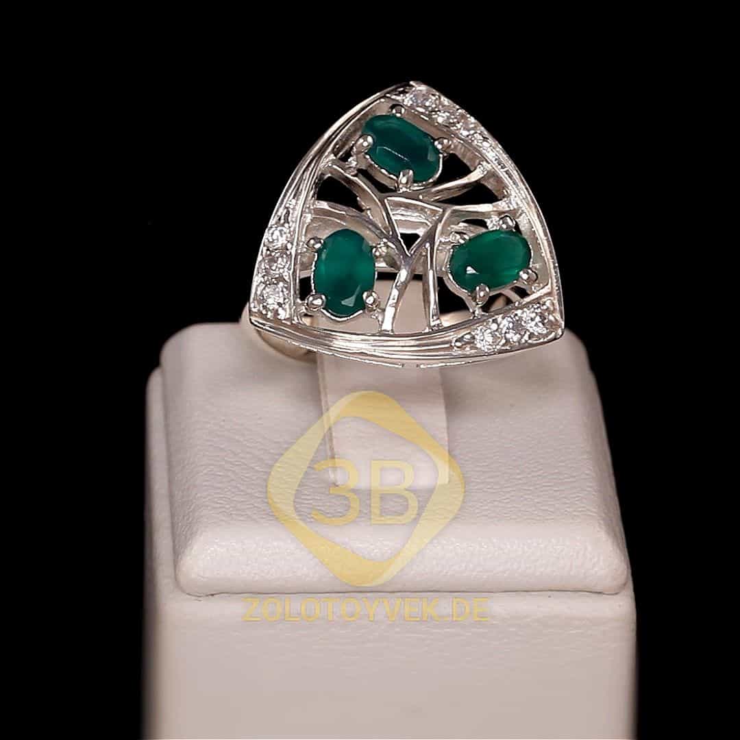 Серебряное кольцо с зеленым агатом и фианитаи, покрытие родий