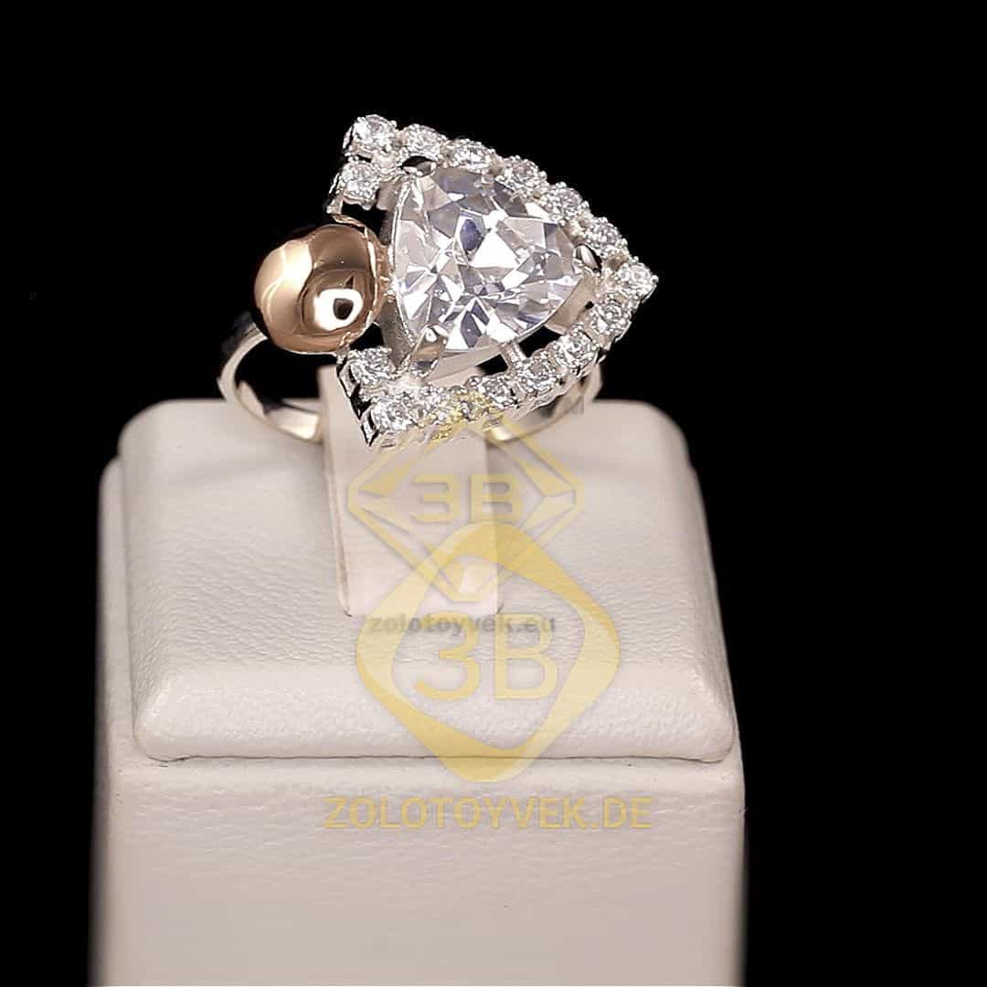 Серебряное кольцо со вставками золота, белым бриллианитом и фианитами, покрытие родий