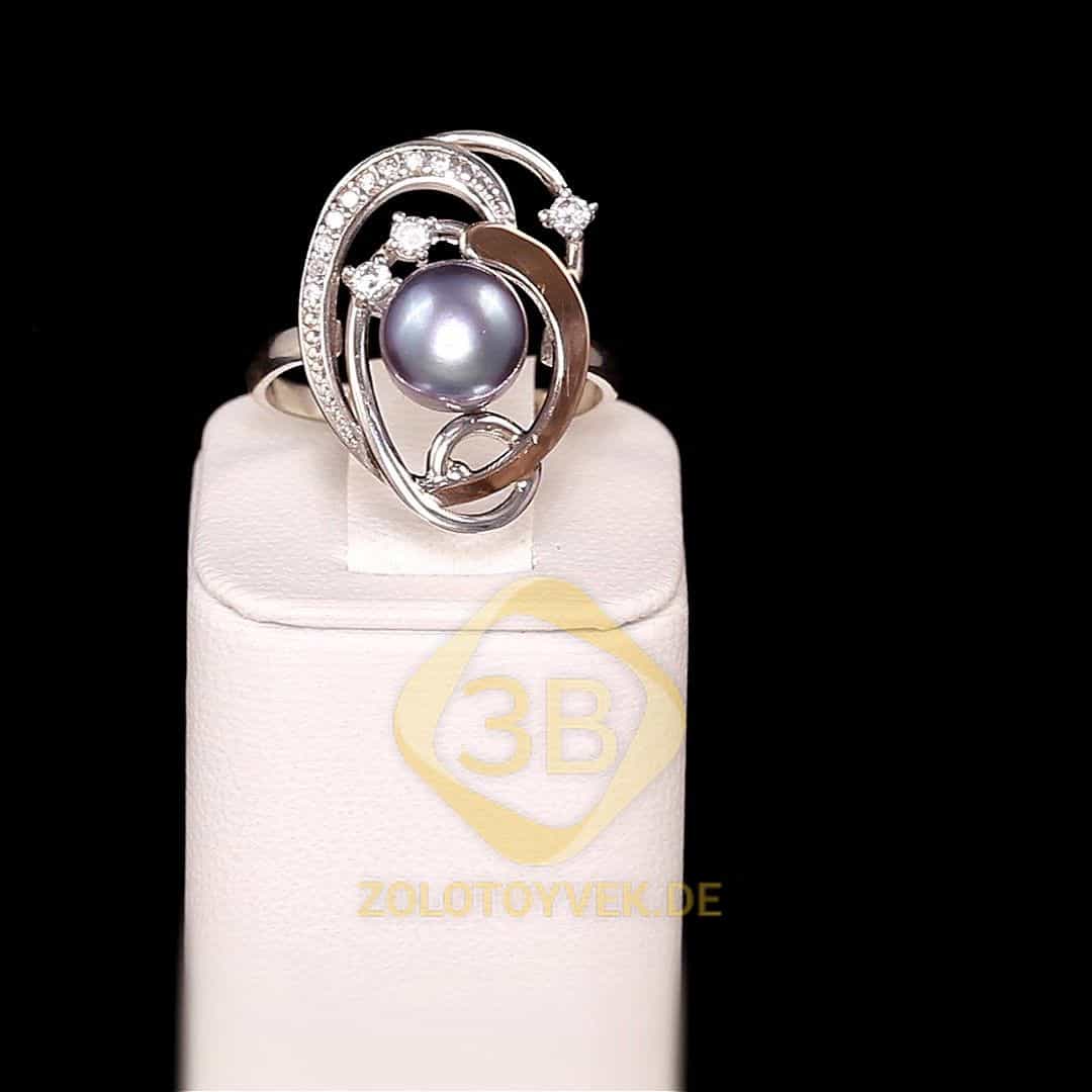 Серебряное кольцо со вставками золота, черным жемчугом и фианитами, покрытие родий