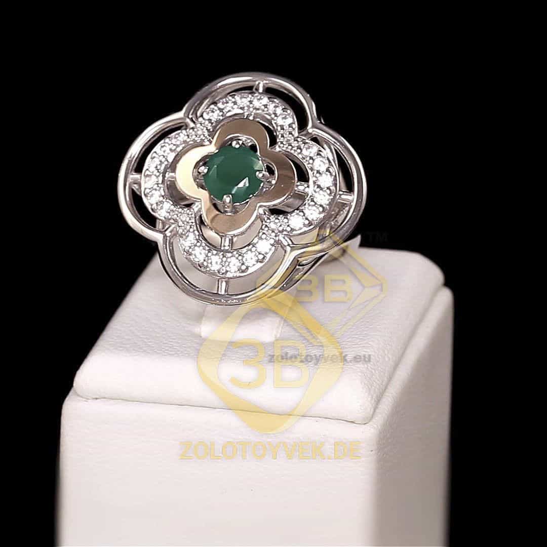 Серебряное кольцо с золотом, альпинитом Emerald  и фианитами