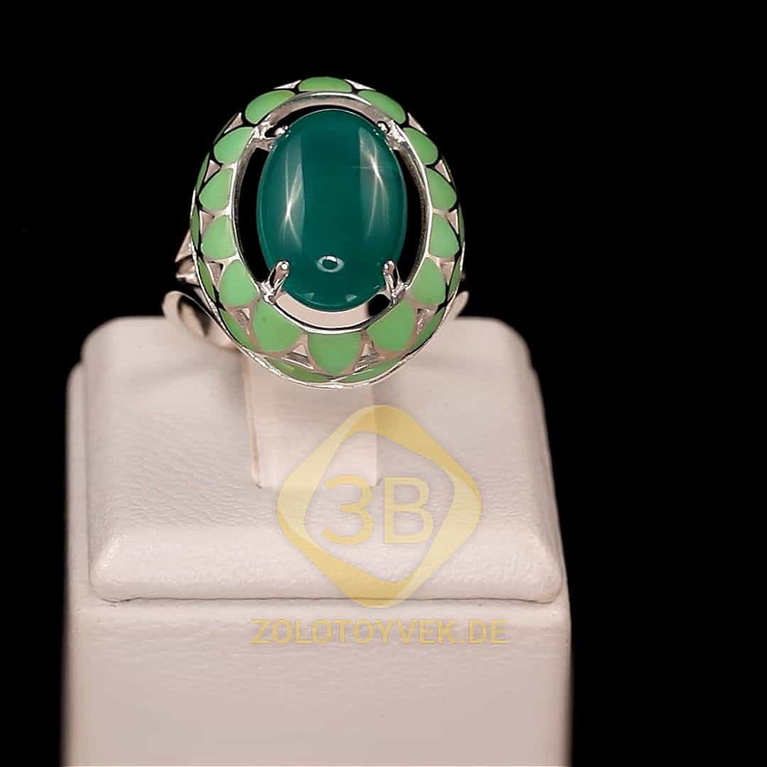 Серебряное кольцо с зеленым агатом и французской эмалью, покрытие родий