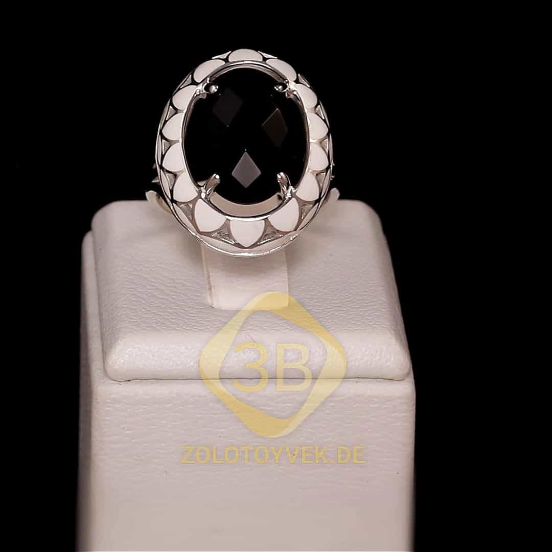 Серебряное кольцо с ониксом и французской эмалью, покрытие родий