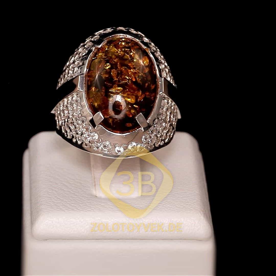 Серебряное кольцо со вставками золота, им. золотым янтарем и фианитами, покрытие родий