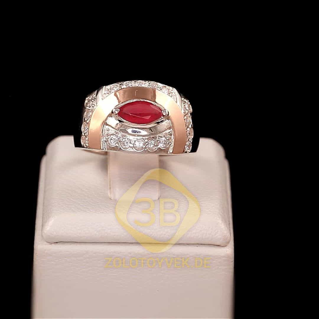Серебряное кольцо со вставками золота, им. рубином и фианитами, покрытие родий