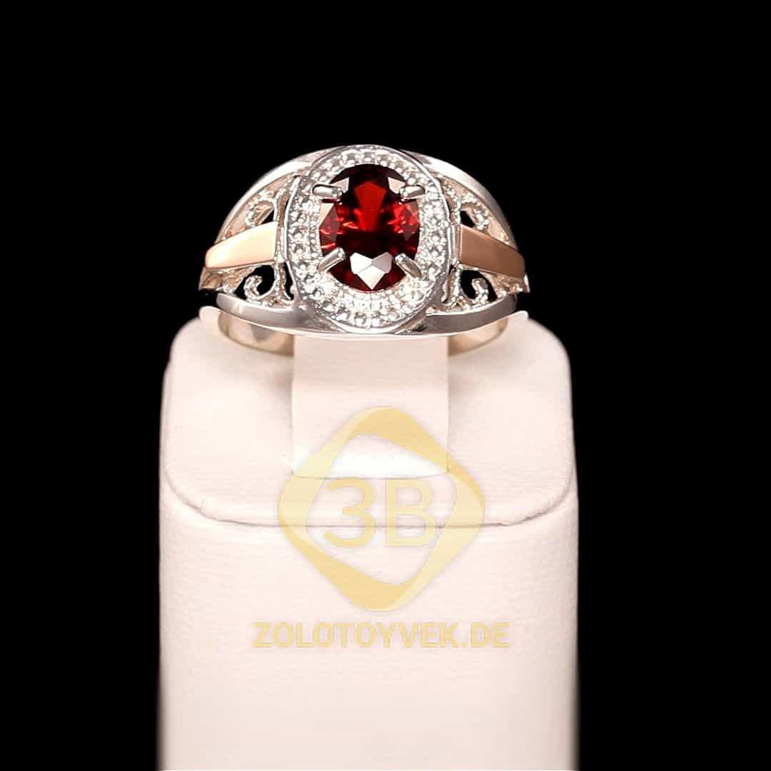 Серебряное кольцо со вставками золота и гранатовым бриллианитом, покрытие родий