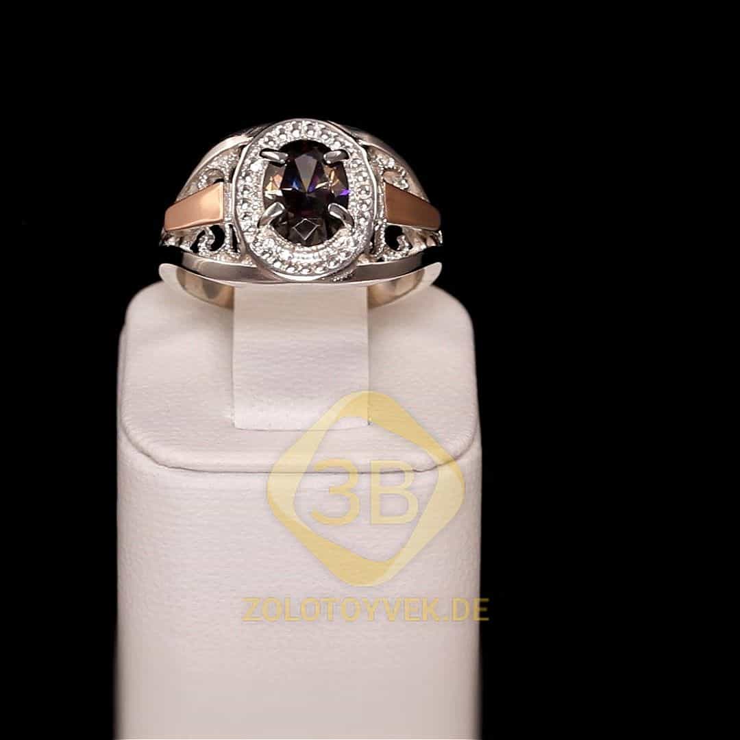 Серебряное кольцо со вставками золота и мистик бриллианитом, покрытие родий