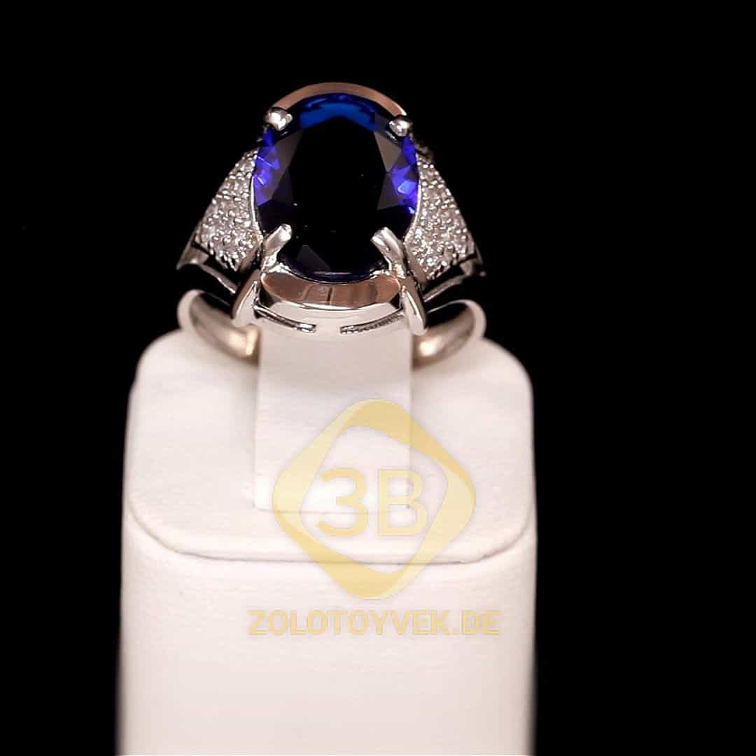 Серебряное кольцо со вставками золота, сапфировым альпинитом и фианитами, покрытие родий