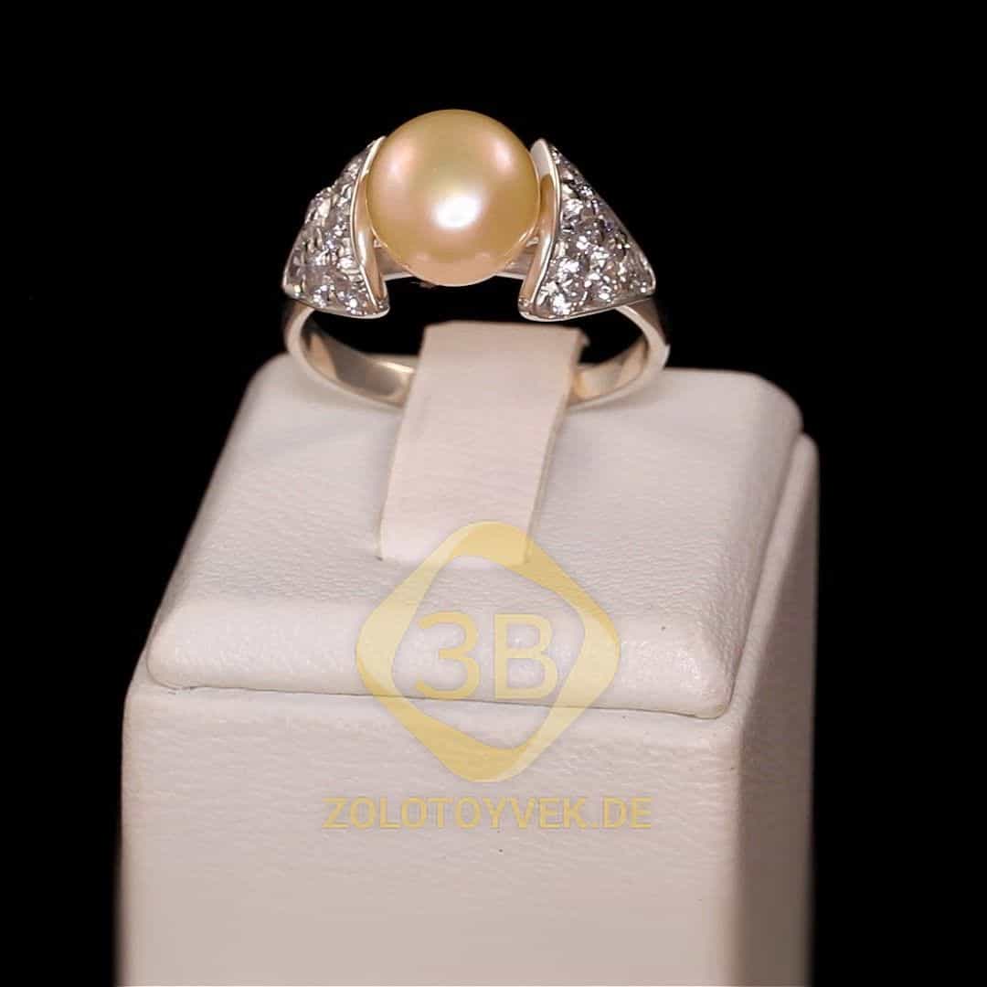 Серебряное кольцо со вставками золота, розовым жемчугом и фианитами, покрытие родий