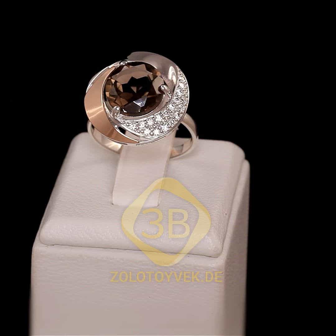 Серебряное кольцо со вставками золота,раухтопазом и фианитами, покрытие родий