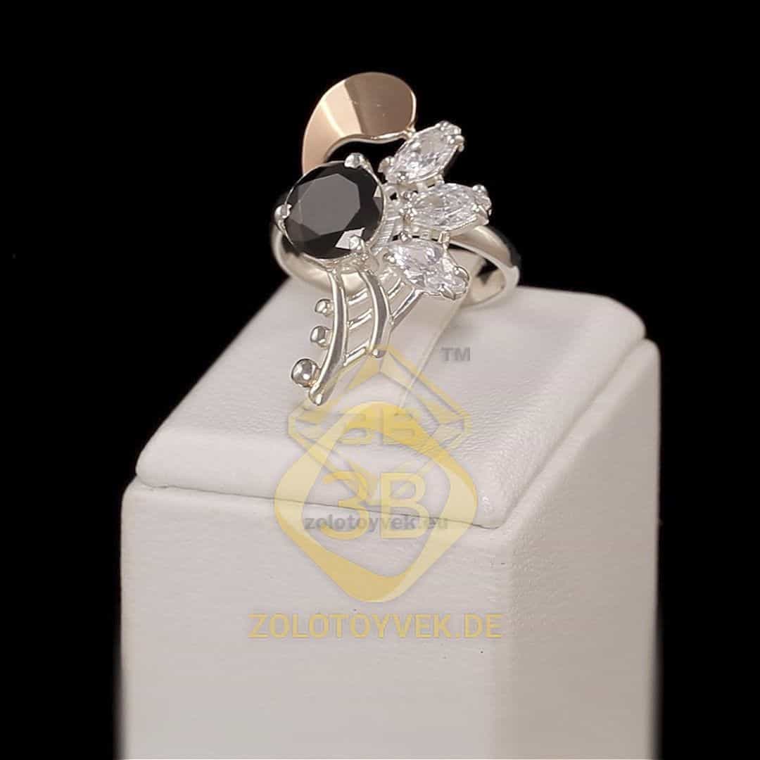 Серебряное  кольцо со вставками золота, черным бриллианитом, покрытие родий