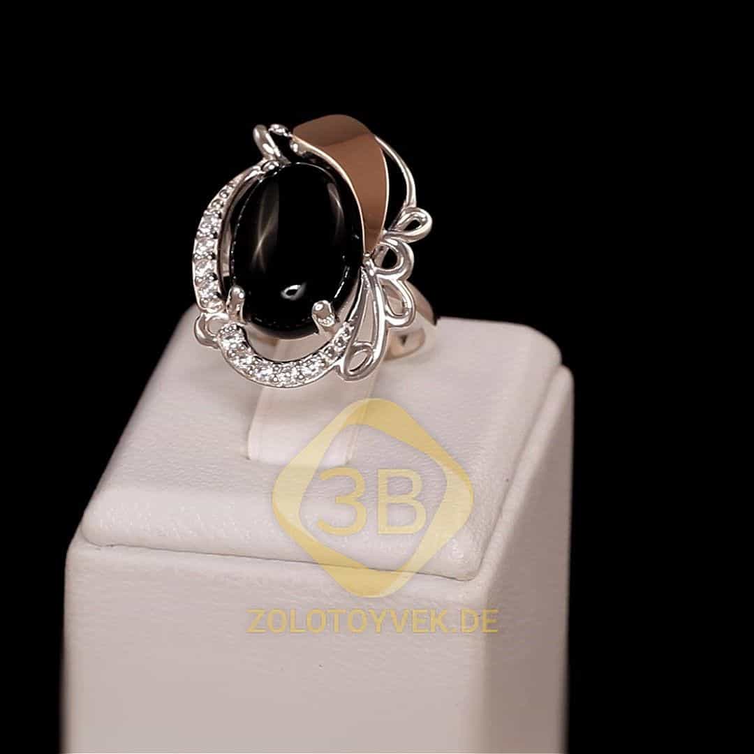 Серебряное  кольцо со вставками золота, с ониксом, покрытие родий