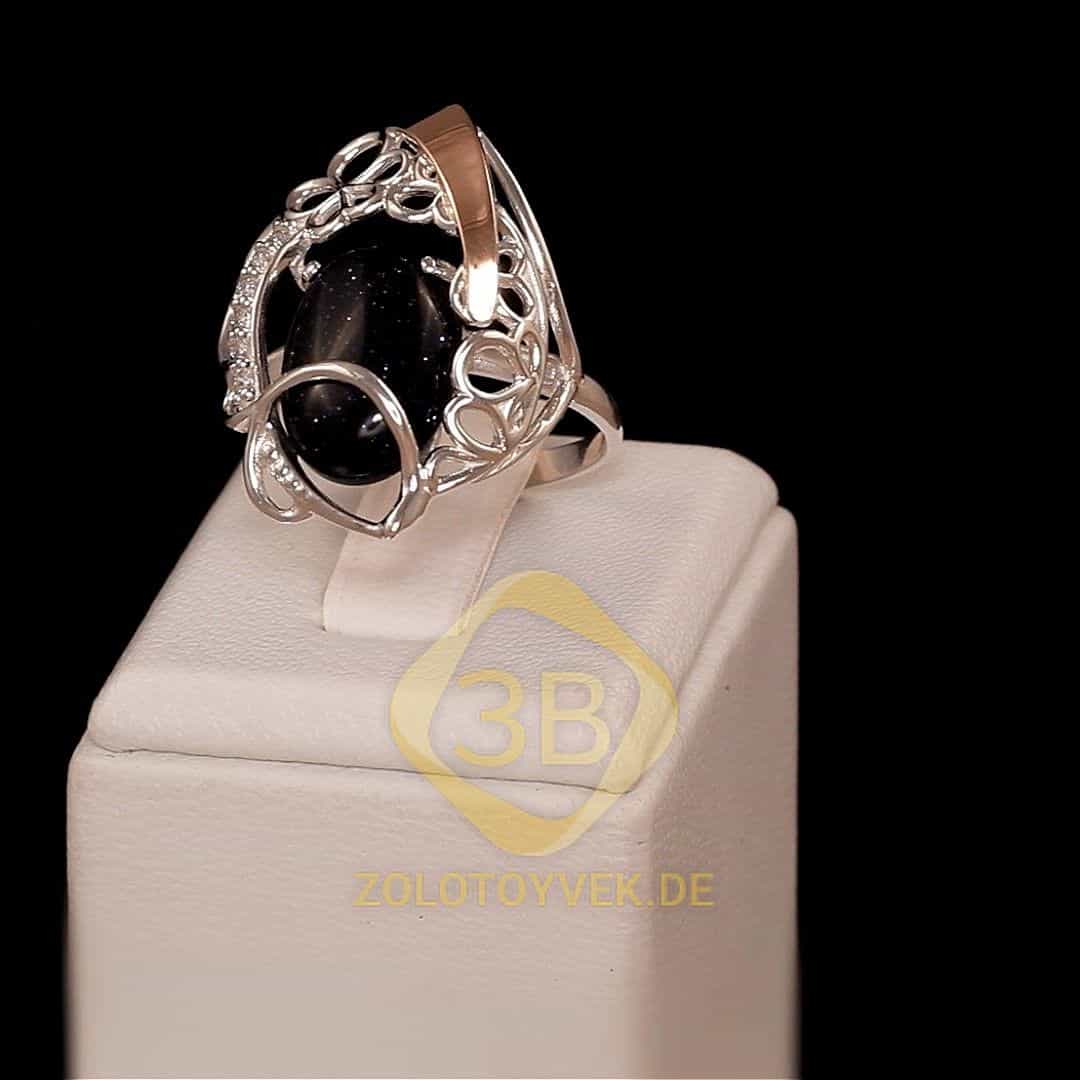 Серебряное кольцо со вставками золота, им.авантюрина и фианитами, покрытие родий