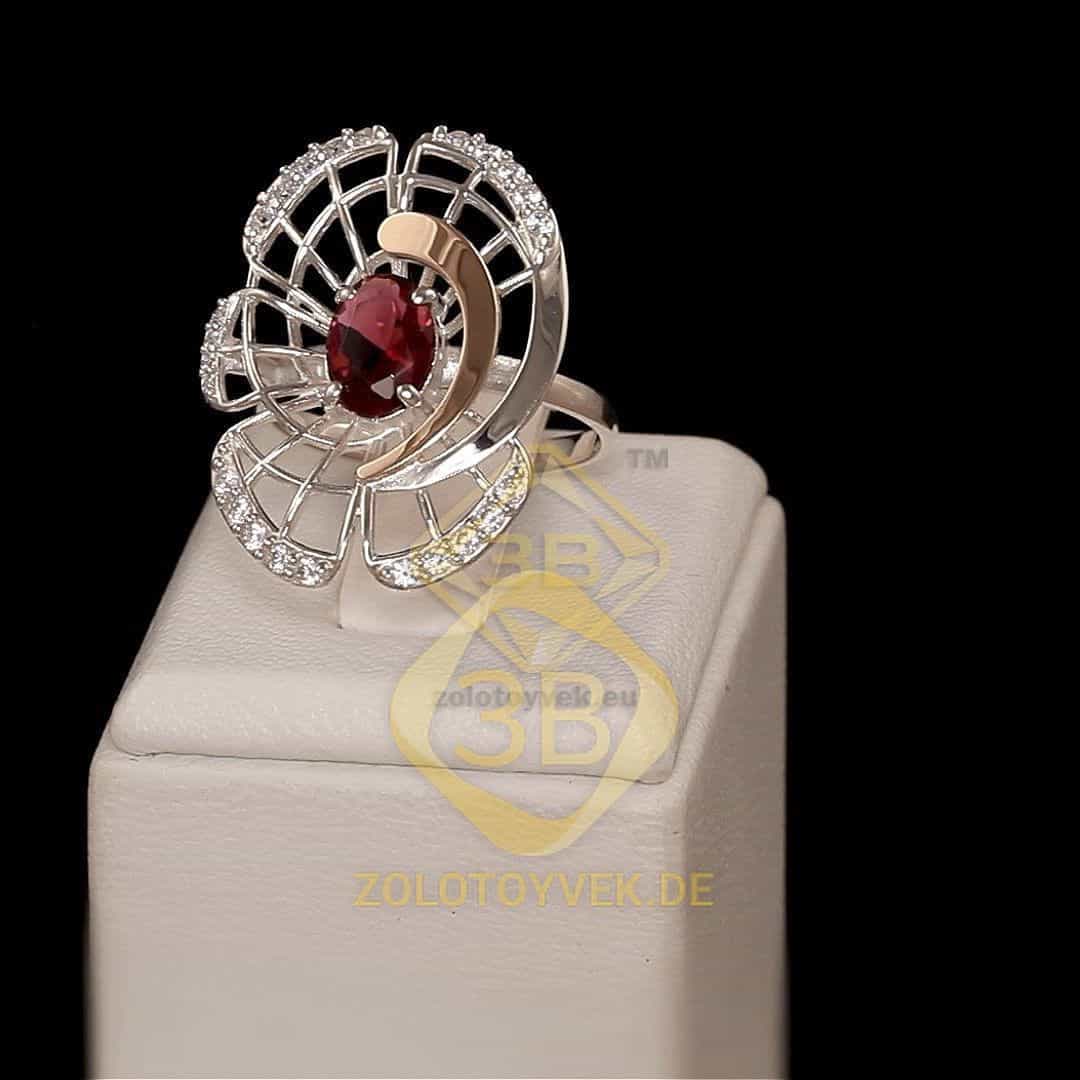 Серебряное  кольцо со вставками золота, рубиновым альпинитом и фианитами, покрытие родий