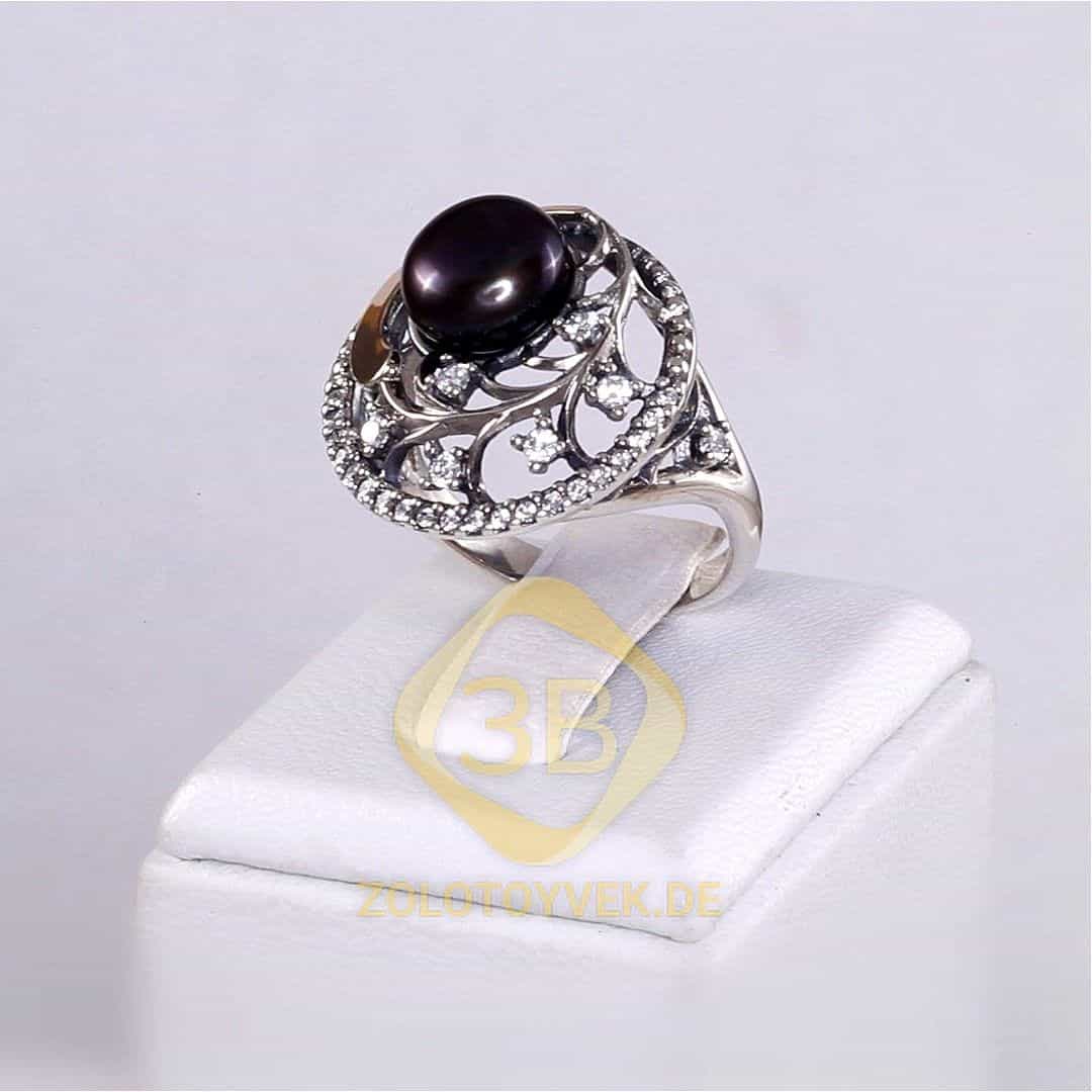 Серебряное  кольцо со вставками золота, черным жемчугом и фианитами, покрытие родий
