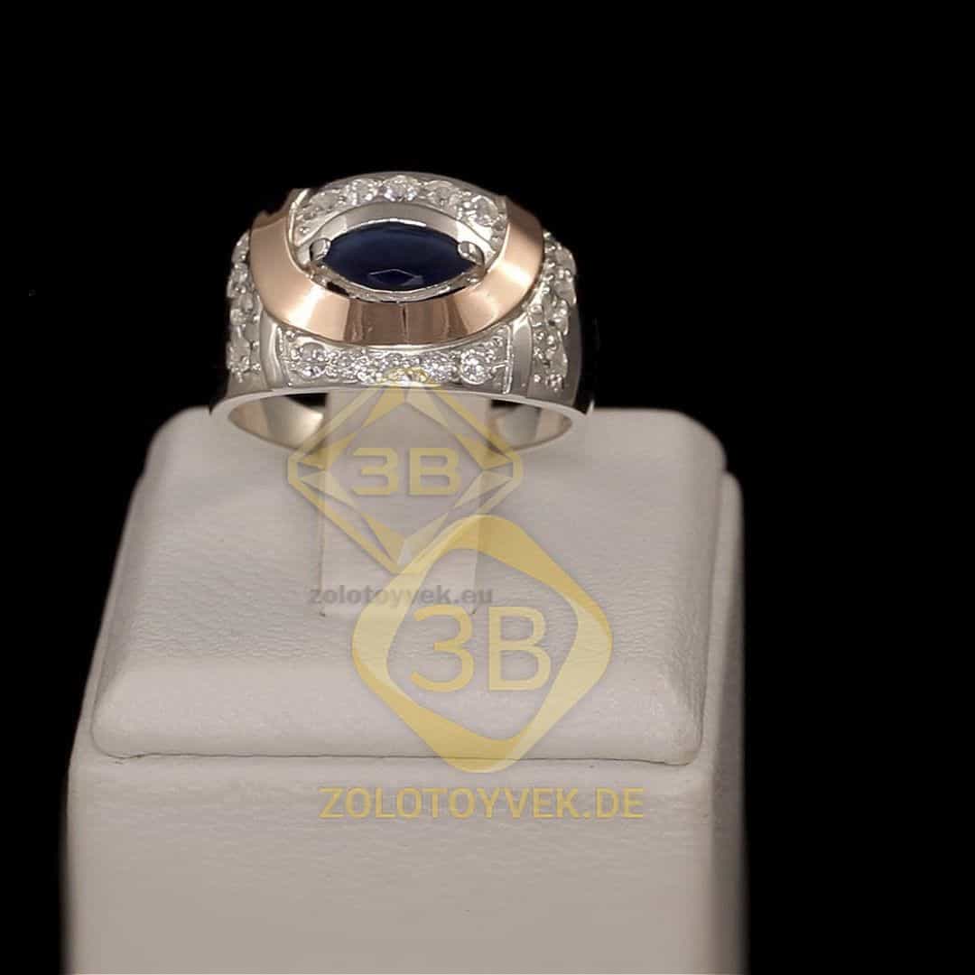 Серебряное кольцо со вставками золота, им. cапфиром и фианитами, покрытие родий