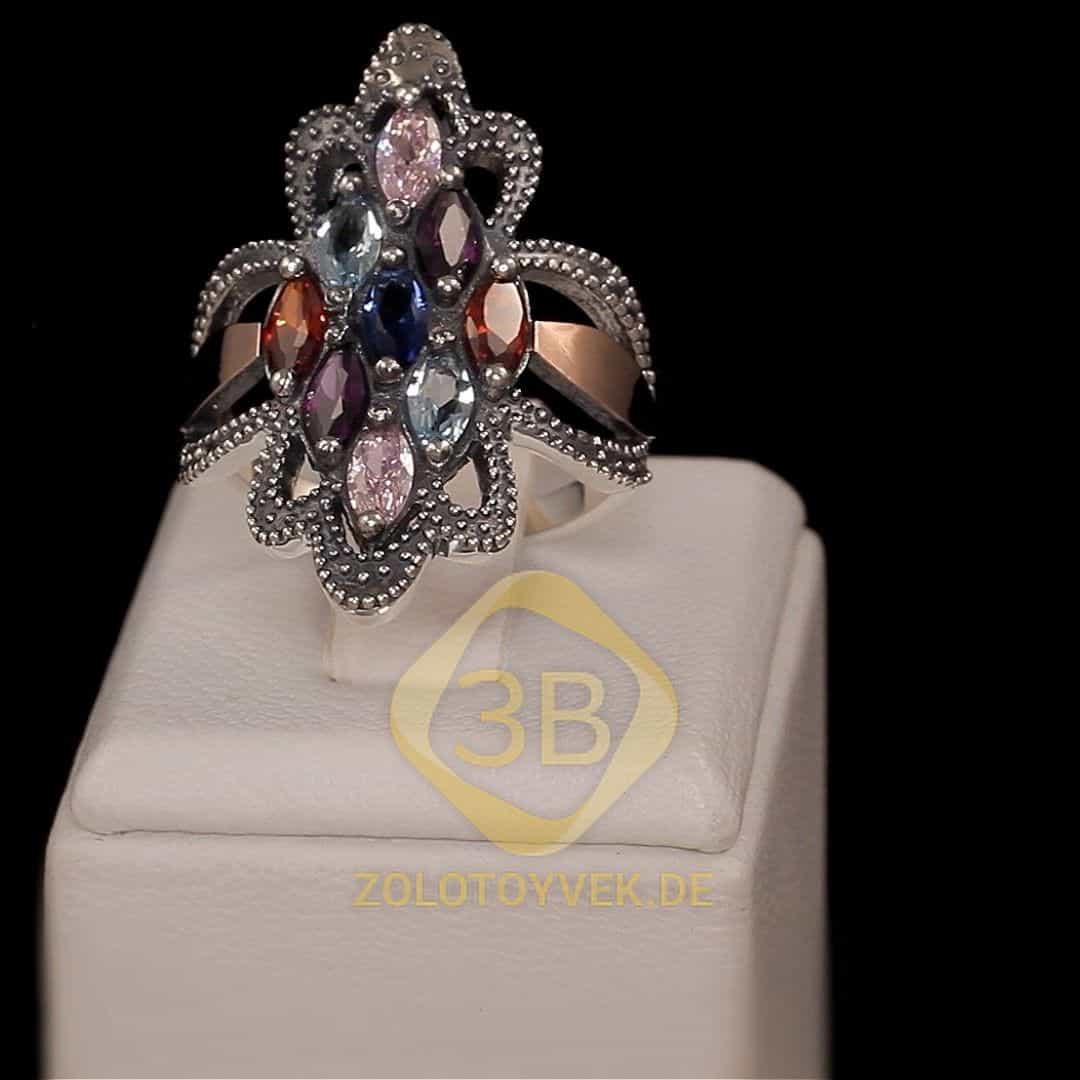 Серебряное черненое кольцо со вставками золота, цветными бриллианитами и фианитами, покрытие родий