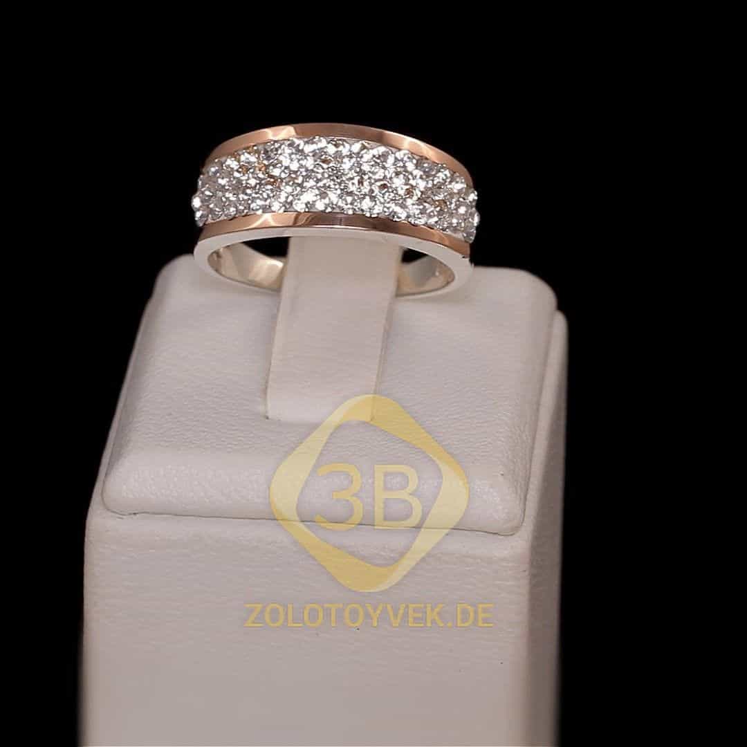 Серебряное кольцо со вставками золота и кристаллами “swarovski”, покрытие родий