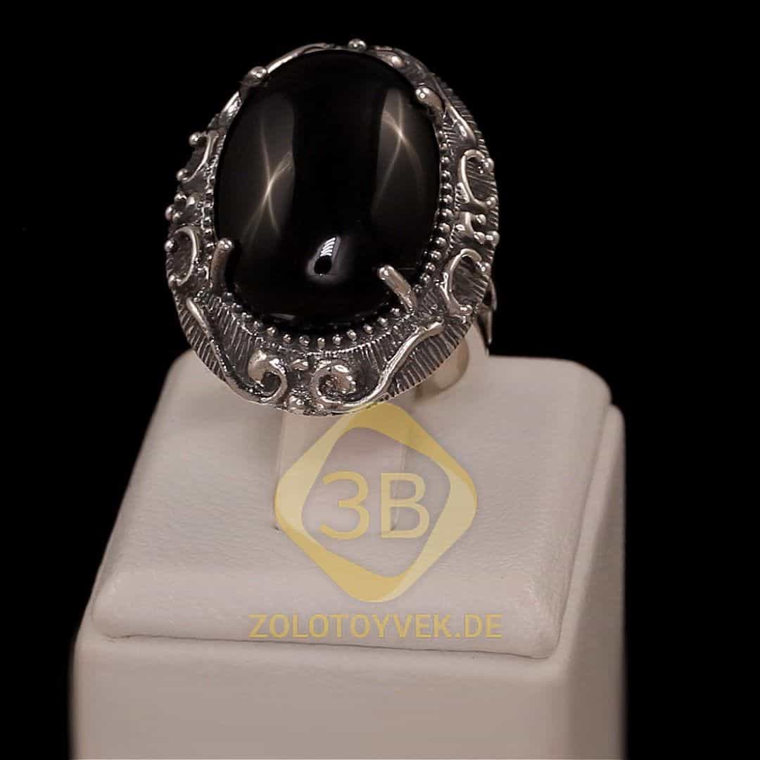 Серебряное черненое кольцо с ониксом, покрытие родий