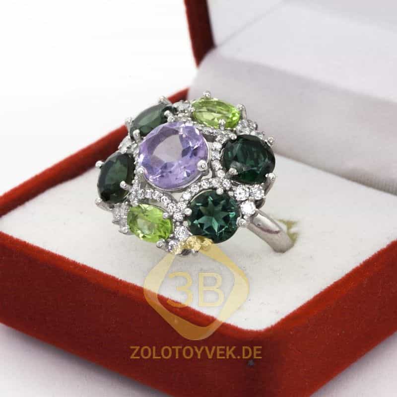 Серебряное кольцо с аметистом, хризолитом, зелёным кварцем, покрытие родий