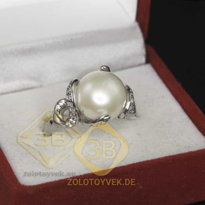 Серебряное кольцо с белым жемчугом «майорика» , покрытие родий