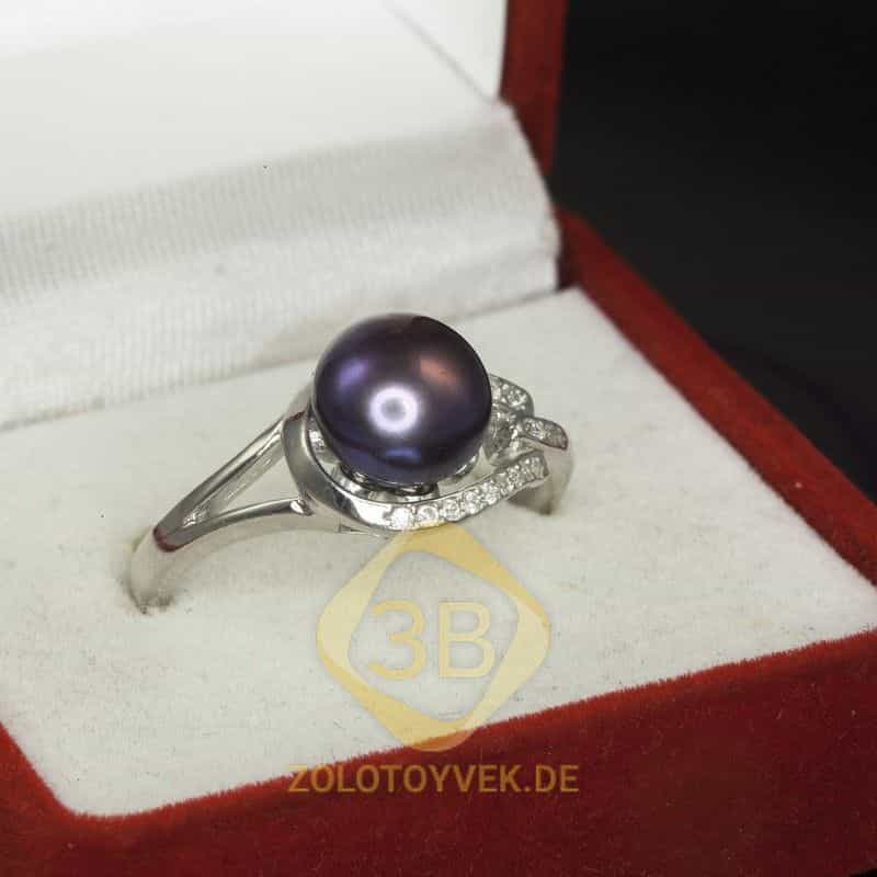 Серебряное кольцо с черным жемчугом и фианитами, покрытие Родий