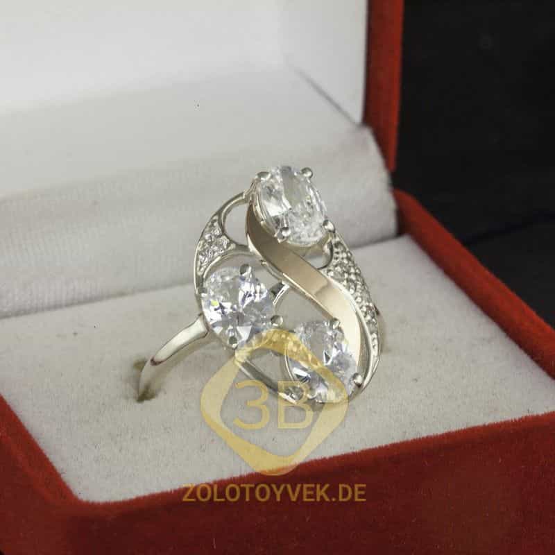 Серебряное кольцо со вставками золота, бриллианитом и фианитами, покрытие Родий