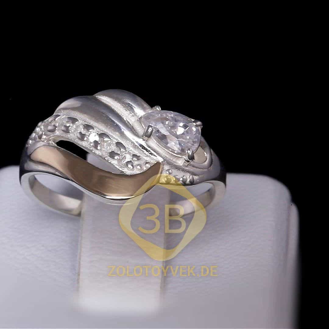 Серебряное кольцо со вставками золота и белым бриллианитом, покрытие Родий