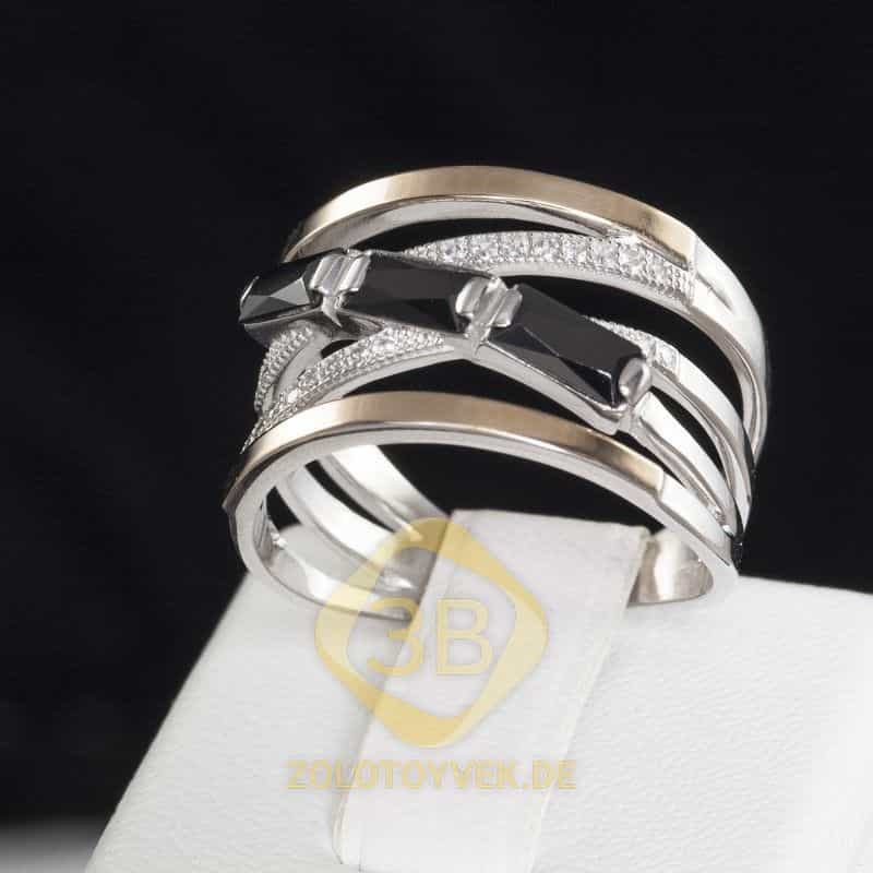 Серебряное кольцо со вставками золота, черным бриллианитом и фианитами, покрытие Родий