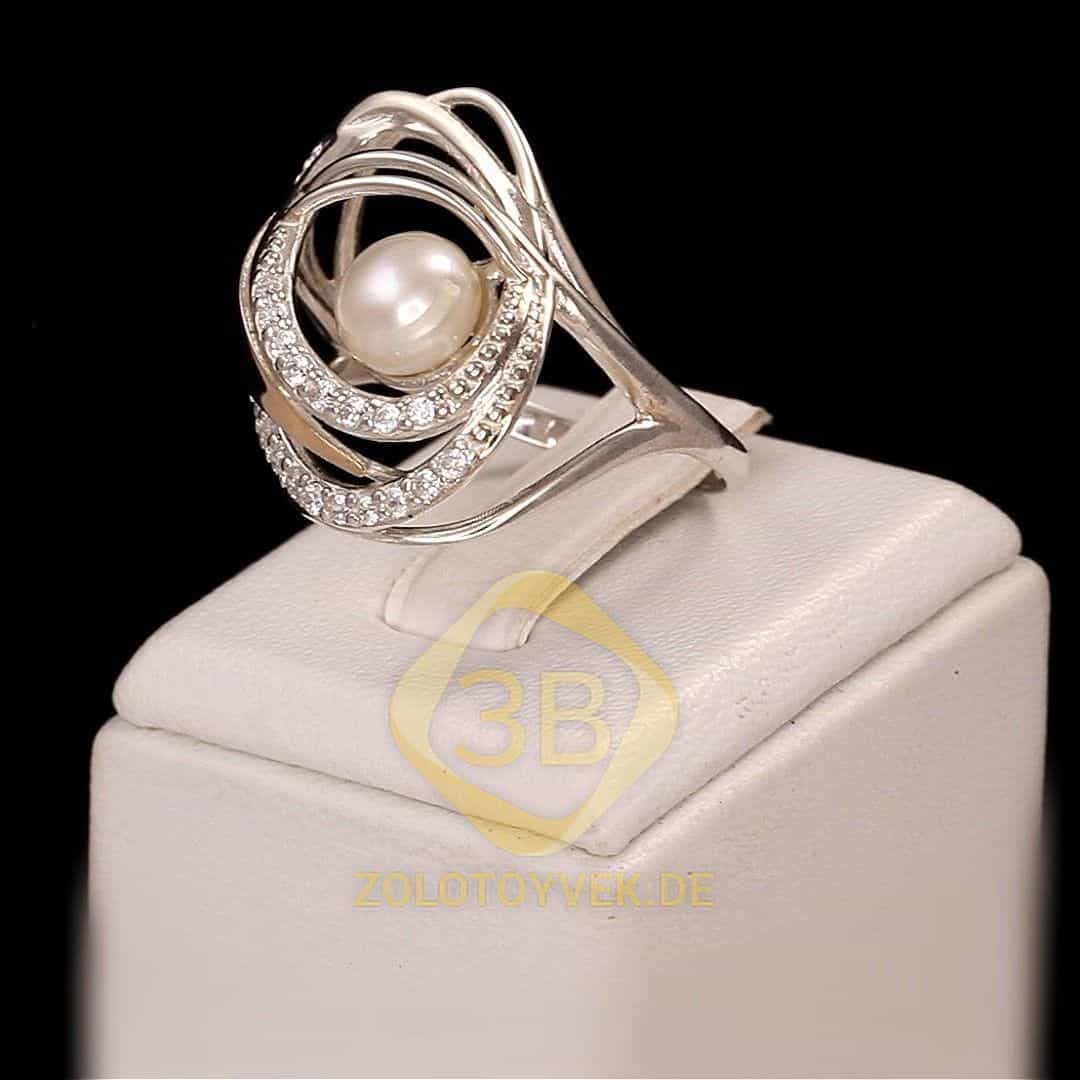 Серебряное кольцо со вставками золота, жемчугом и фианитами, покрытие Родий