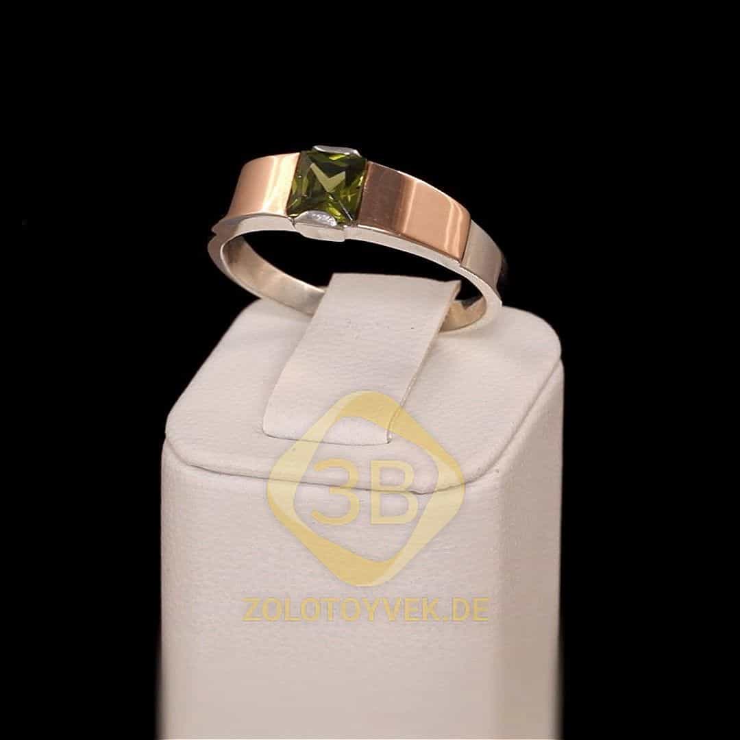 Серебряное кольцо со вставками золота и оливковым бриллианитом